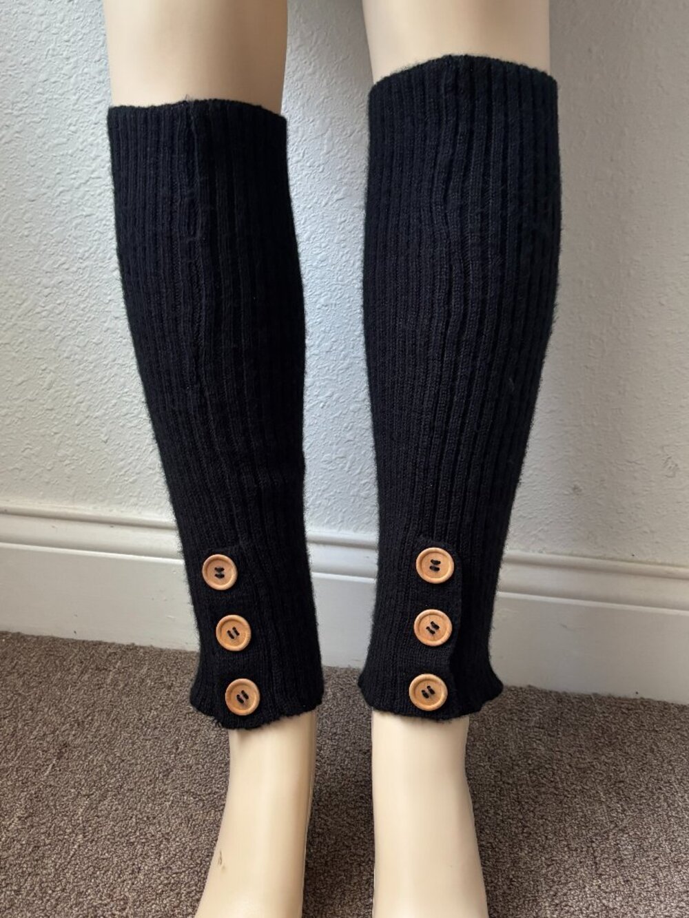 Black Ribbed Knit Leg Warmers Wooden Buttons Winter Boot Topper Socks One Size